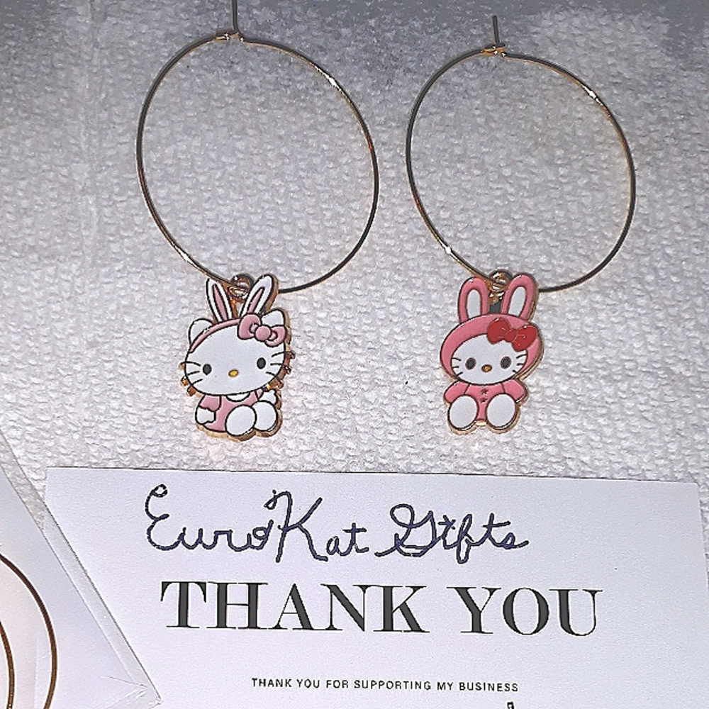 HELLO KITTY Gold Medium Hoop Earrings mis match BJ style Enamel Kitty charm NEW